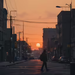 the sun is shining behind the buildings and cars on the street