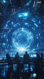 people are looking at large artwork in an art exhibit,a group of people sitting at a table in front of a large projection