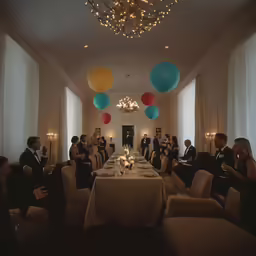 the dinner tables are laid with balloons on the ceiling