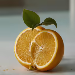 an orange cut into quarters with a green leaf on top