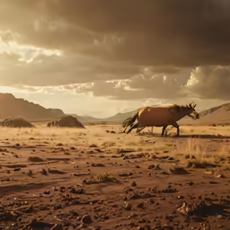 horse gallops in an open field near mountains