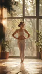 a woman with her hands on her hips posing in front of a window