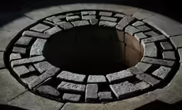 this circular fire pit is constructed from several blocks of granite