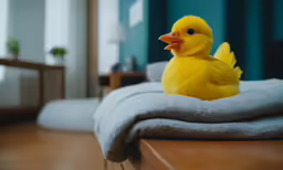 a yellow rubber ducky in a room next to a bed