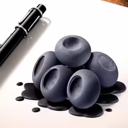 an ink pen is next to four blue spheres