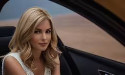 a blond lady sitting in a vehicle and posing for a picture
