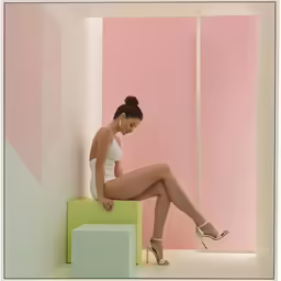 woman wearing white sitting on box with bright pink background