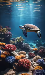 turtle swimming over a coral reef with colorful corals