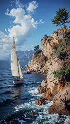 a sailboat floats out of the water on a rocky coast