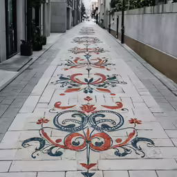 a long street with a decorative tile design
