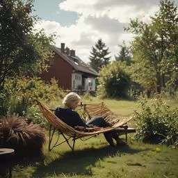 an older woman relaxing in a hammock in the middle of a field