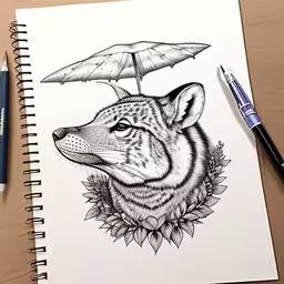 a pencil drawing of a wolf holding an umbrella,a drawing of a wolf with an umbrella