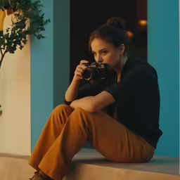 woman sitting down while taking a picture of herself with a camera