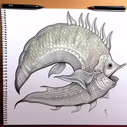 a drawing of a fish with horns and spikes,this drawing shows a fish as it floats near a larger one