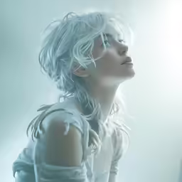 the woman is posing with her hair blown in wind