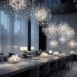 the dining room has large silver chairs, chandeliers and a long table