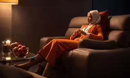 a woman in an orange suit sitting on a brown couch