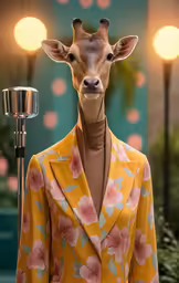 a fake deer head in a suit