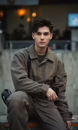 a young man sitting on a bench next to a sidewalk