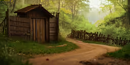 a dirt road leading into a forest filled with trees,a road leading to a fence in the middle of a forest