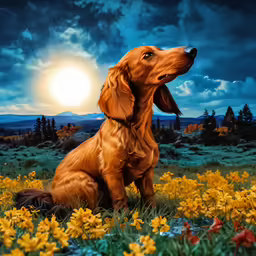 a painting of a dog on the grass