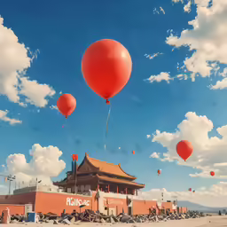 some red balloons flying in the sky