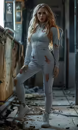 woman wearing grey tracksuit with ripped off knees standing in a run down factory room
