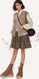 the girl is posing with her bag in front of a white background