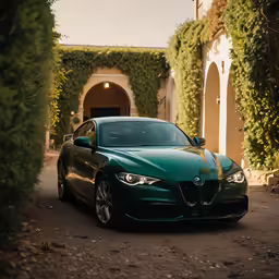 the green car is driving past an archway
