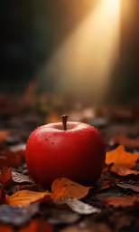 a red apple laying on the ground with leaves