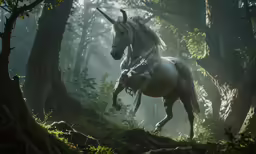 a unicorn standing in the woods with trees in the background