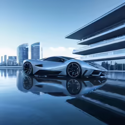 an extremely modern looking sports car parked in front of a very large building