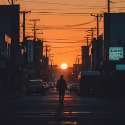 a man walking in the street while sunset is setting