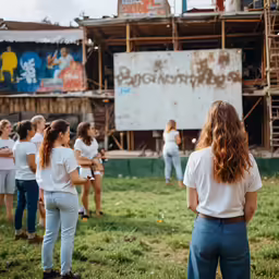 a group of young women stand in front of a sign