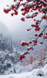 a mountain with red snow on it and trees