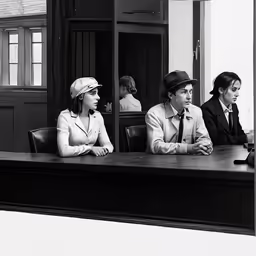 the people are dressed in hats sitting at the table
