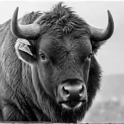 a black and white photo of a buffalo with big horns