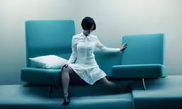 woman in white dress sitting on blue bench with pillow