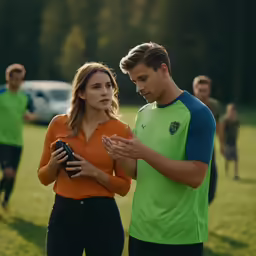 two people are standing together, one is holding something
