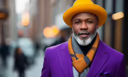 man with purple jacket, orange and black tie and yellow hat