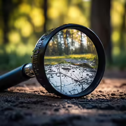 a magnifying lens reflecting an outdoor scene