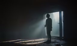 a man is standing near a open door