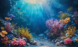 a sea landscape with plants, rocks and an open window