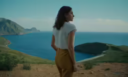 a woman standing on a hillside overlooking an ocean