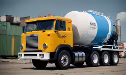 a yellow and blue tanker truck is on the road,yellow and blue tanker truck in a large parking lot