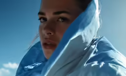 woman covered with blue cloth with sky background