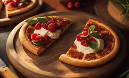 two small pizzas with toppings sit on a platter
