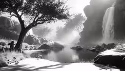 an image of a mountain stream with a man sitting on it