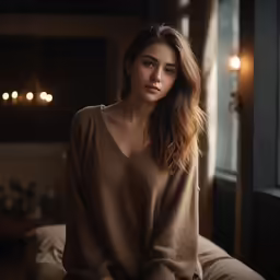 a young woman sitting on a bed with lights