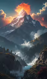 an image of the mountain top in the sunset